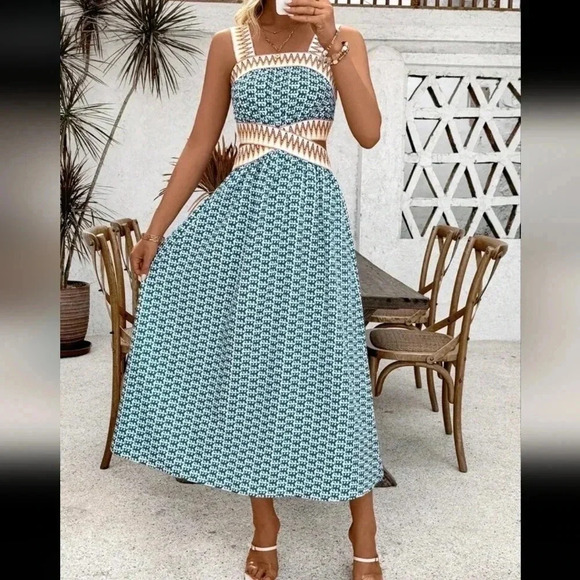 Holiday Casual Printed Patchwork Woven Belt Sleeveless Hollow Out Dr - Picture 4 of 6